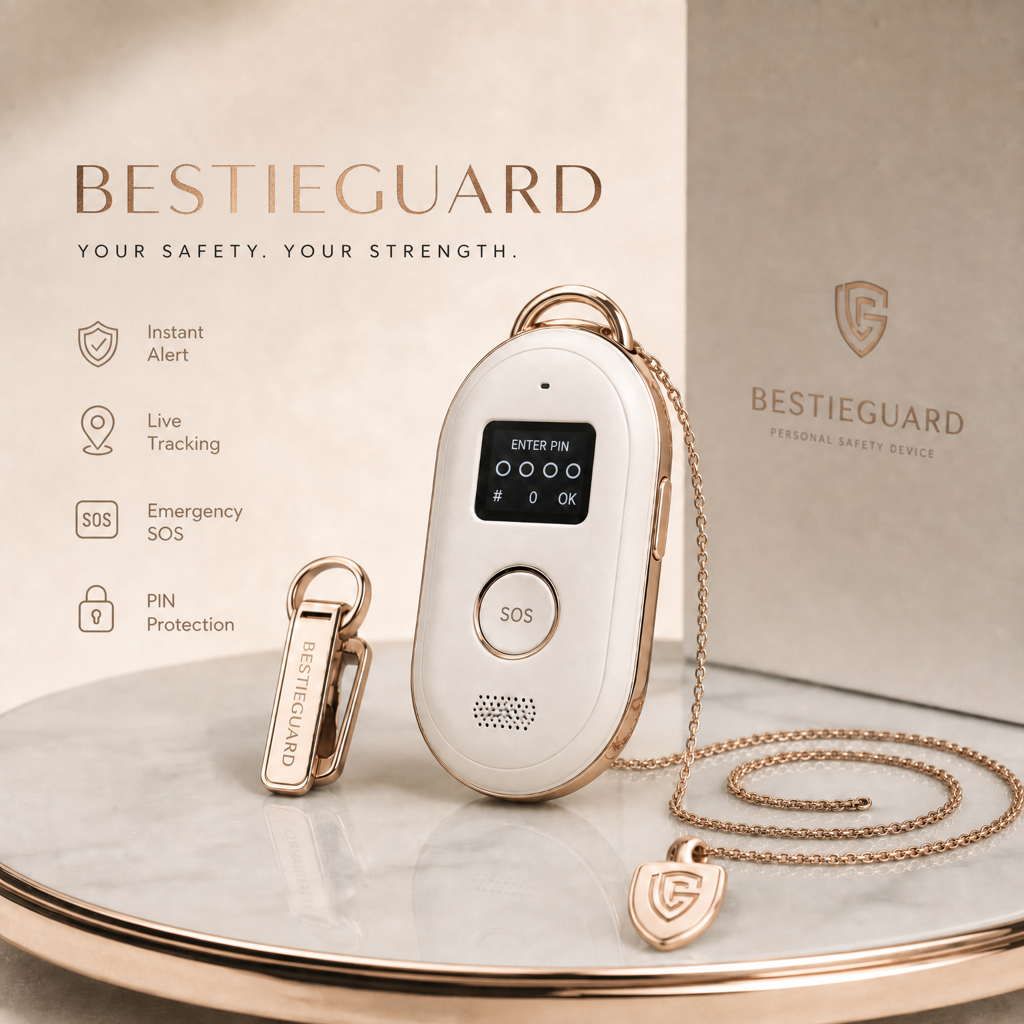 BestieGuard device — product shot from bestieguard.com showing pendant locket, necklace chain and belt clip